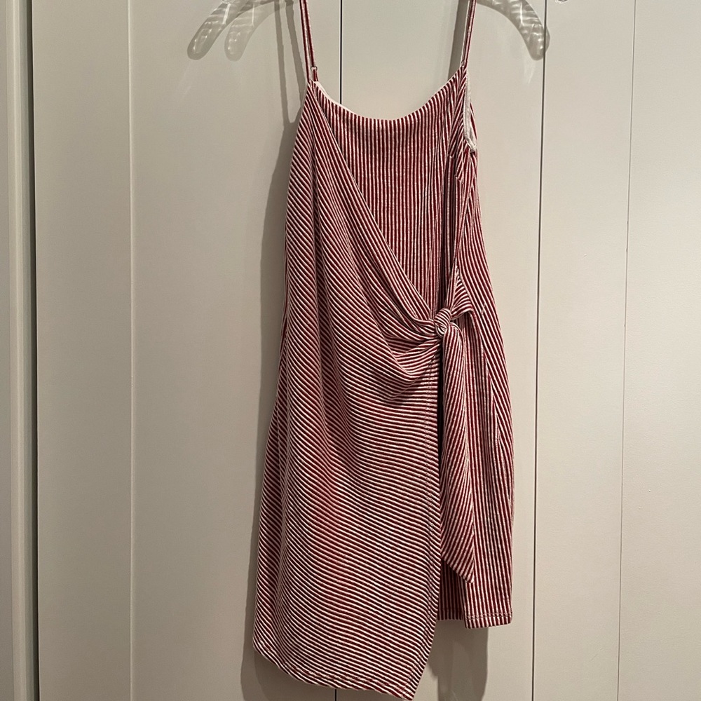 NEW All in Favor Mini Dress. Red/white stripe faux wrap.
